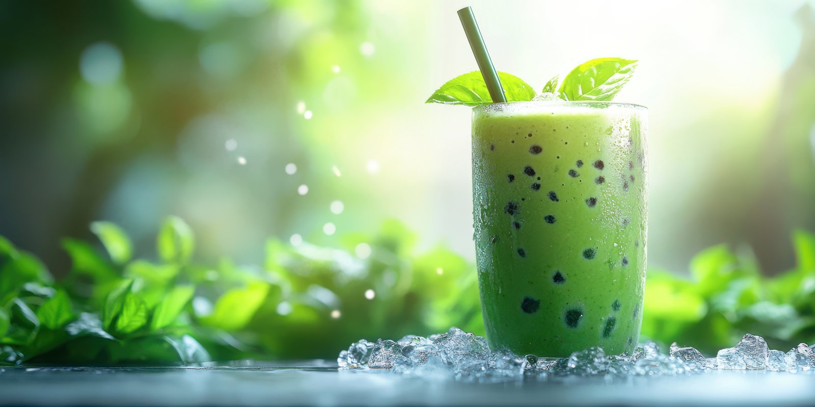 Refreshing green smoothie served in a glass with basil leaves and ice on a sunny day